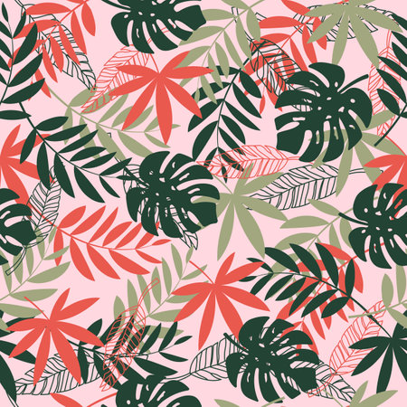Colorful seamless pattern with red and green tropical plants. Floral seamless vector tropical...
