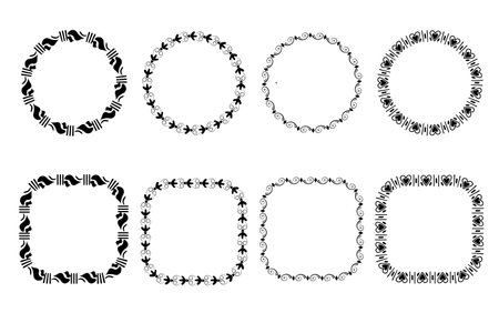 Set of circular frame design details. Vector hand drawn pattern brushes. Round frames made of patterned brushes.のイラスト素材
