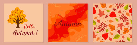 Autumn set. Greeting card Hello autumn, autumn background and autumn pattern. Autumn design for fabric, packaging, banner, poster, banner, cover.のイラスト素材