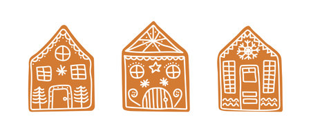 Set of isolated hand drawn gingerbread houses. Traditional Christmas cookies. Vector flat illustrationのイラスト素材