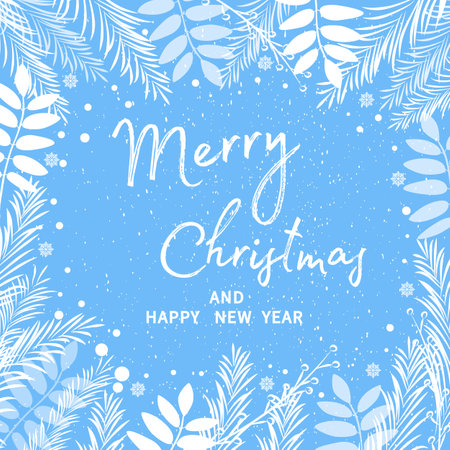 Holiday card Merry Christmas and New Year. Postcard with fir branches and snowflakes. Vector.のイラスト素材