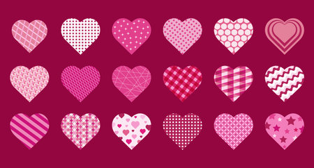 Hearts with patchwork style patterns. Valentine's Day. Vector.