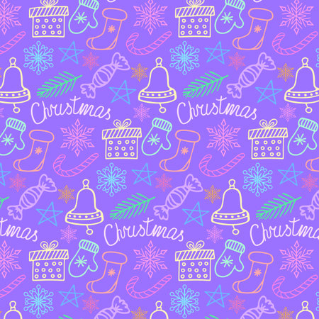 Christmas seamless doodle pattern with Christmas elements on a neon background. Pattern in the swatches panel. Vector.のイラスト素材