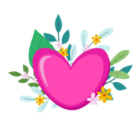 Pink heart with sprigs of leaves and flowers. Valentine's Day. Flat heart illustration. Vector.のイラスト素材