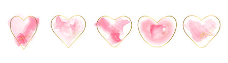 Set of frames of pink and gold hearts on a white background. Vector.のイラスト素材