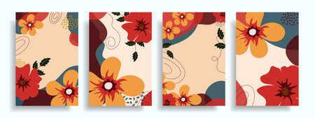 Modern set of abstract covers with flowers, minimal cover design. Colorful geometric background. Vector.のイラスト素材