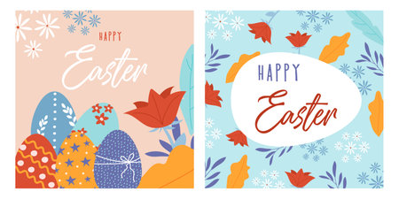 Two bright cards with flowers and Easter eggs, Happy Easter. Happy easter. Vector.のイラスト素材