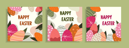 Set of Easter cards. Bright cards with Easter eggs on an olive background. Vector.のイラスト素材