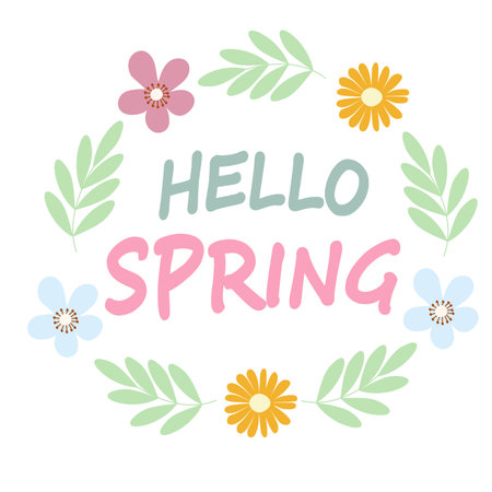 Hand drawn colorful design with Hello Spring text, flowers. Vector.のイラスト素材
