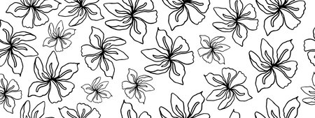 Black and white seamless floral pattern. Line art illustration. Floral pattern for invitations, wallpaper, gift wrapping. Vector.のイラスト素材