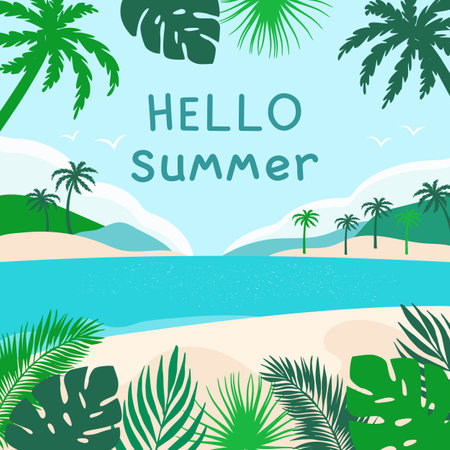 Tropical beach. Illustration with sea, palm trees and beach. Hello summer. Vector.のイラスト素材