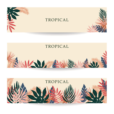Set of banners with tropical leaves. Tropical backgrounds for advertising, sale, flyer. Vector.のイラスト素材