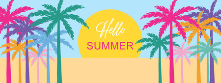 Hello summer. Bright banner with colored palm trees. Vector.のイラスト素材