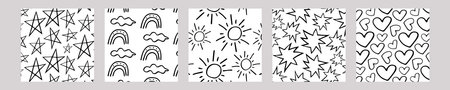 Set of hand drawn Doodles. Seamless abstract vector backgrounds with hearts, sun, stars and rainbows. Vector.のイラスト素材