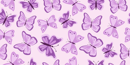 Seamless pattern with butterflies in lilac tones. Cute delicate background with butterflies. Vector.のイラスト素材