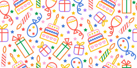 Happy Birthday, bright seamless background with cakes, balloons and gifts. Vector.のイラスト素材