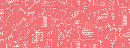Seamless festive pattern for birthday, party design, with Doodle elements. Vector.のイラスト素材