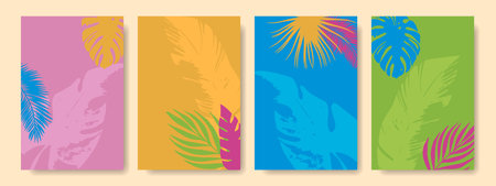 Set of bright backgrounds with tropical leaves and space for text. Vector.のイラスト素材