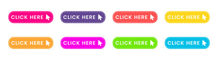 Click here colorful set of buttons. web icons isolated on white background. Vector.のイラスト素材