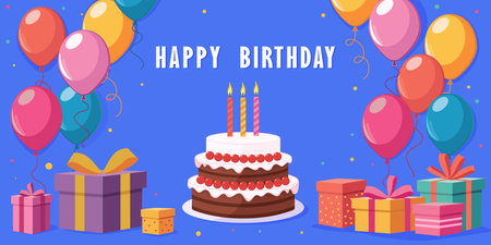 Happy Birthday card with balloons and cake. Template for postcard, poster, flyer, banner. Vector.