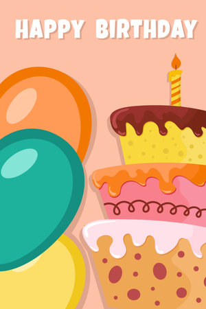 Happy Birthday card with bright balloons and creative cake. Vector.