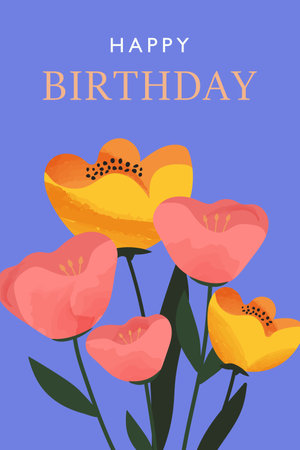 Happy Birthday card. Fashionable bright card with flowers. Modern art style. Vertical poster, greeting card.のイラスト素材