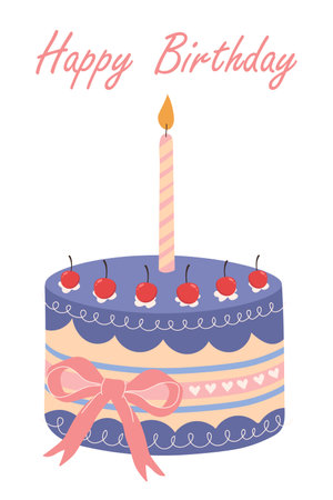 Birthday cake with candles and bow. Cherry cake and inscription - Happy birthday. Vector illustration happy birthday.のイラスト素材