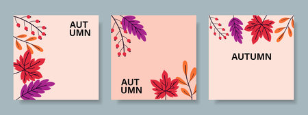 Set of trendy minimal autumn posters with colorful leaves. Autumn background, cover, sale banner, flyer design. Template for advertising, social networks.のイラスト素材