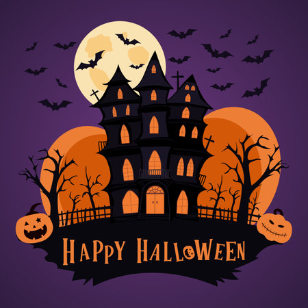 Happy Halloween. Postcard with a scary castle, pumpkins and bats. Vector.のイラスト素材
