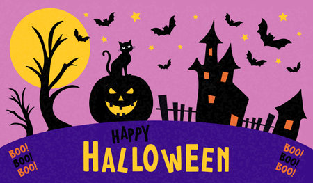 Happy Halloween. Postcard with scary castle, cat, pumpkin and bats.のイラスト素材