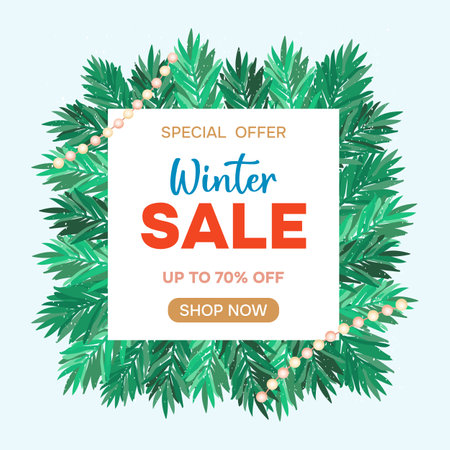 Winter sale, background with fir branches. Festive winter banner for discount, advertising. Vector.のイラスト素材