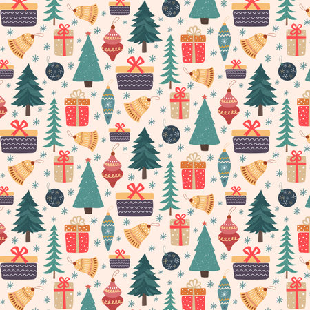 Christmas seamless pattern with trees, gifts and toys. New Year background. Vector.のイラスト素材