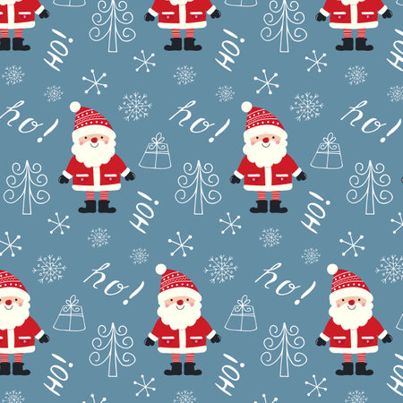 Seamless Christmas background with Santa Claus and Christmas attributes in doodle style. Vector.のイラスト素材