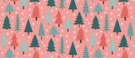 Seamless Christmas or New Year background with trees on pink. Festive design for fabric, packaging,...