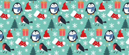 Seamless Christmas pattern with penguin, Christmas stocking, trees and gifts. Vector.