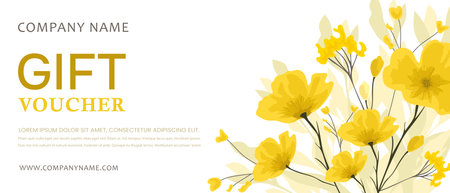 Colorful gift voucher template with yellow flowers. Modern floral style for salon, gallery, spa, shop. Gift certificate.のイラスト素材