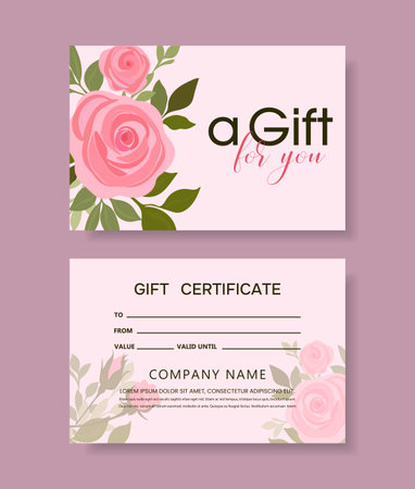 Gift voucher or certificate with flowers roses. Gift voucher template for spa, flower salon, yoga, shop. Vector.のイラスト素材