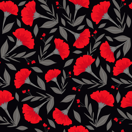 Seamless pattern of carnation flowers on a black background. Red flowers on black. Vector.のイラスト素材