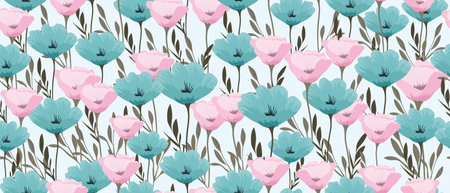 Delicate flowers in pastel colors, seamless background. Pink and blue flowers on a white background....