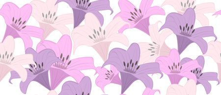 Seamless background with lily flowers. Romantic pastel background for decor, invitation, postcard, cover, fabric. Vector.のイラスト素材