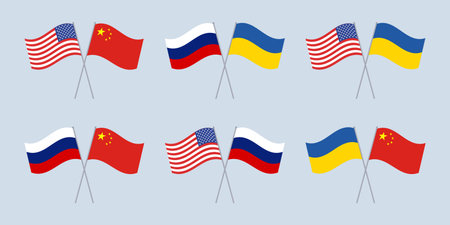 Flags of Russia, China, USA and Ukraine. Crossed flags of countries. Vector.のイラスト素材