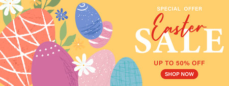 Easter sale banner template. Advertising design for posters, banners with hand drawn Easter eggs. Vector.のイラスト素材