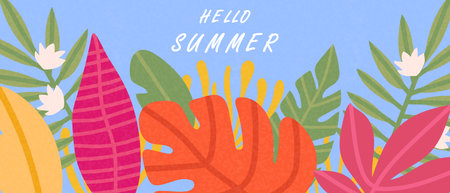 Summer horizontal abstract background with colorful tropical leaves hand drawn. Modern design template for sales, horizontal poster, cover, social media, advertisingのイラスト素材
