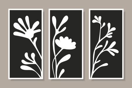 Abstract flowers, set of black and white minimalist fashion posters. Wall art. Vector.のイラスト素材