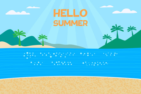 Hello summer. Summer illustration with beach, palm trees and mountains. Vector.のイラスト素材