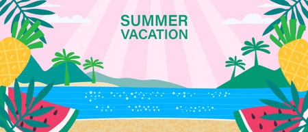 Summer vacation, illustration with beach, palm trees, pineapple and watermelon. Summer bright banner, cover, poster for advertising and sales. Vector.のイラスト素材