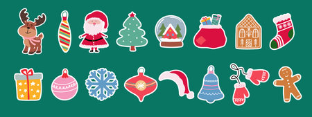 Christmas and New Year cute sticker collection. Holiday decorative element set. Vector.のイラスト素材