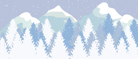 Winter landscape with white snow and pine trees. Seasonal holiday background for greeting card, banner. Vector.のイラスト素材