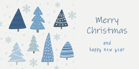 Merry Christmas and Happy New Year greeting card or banner decorated with blue stylized fir trees, snowflakes and snow. Winter holiday design. Vector.のイラスト素材