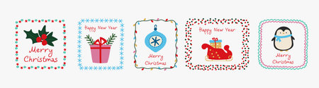 Christmas and New Year greeting cards set with winter decorative element. Collection of festive illustrations for winter holiday. Vector.のイラスト素材